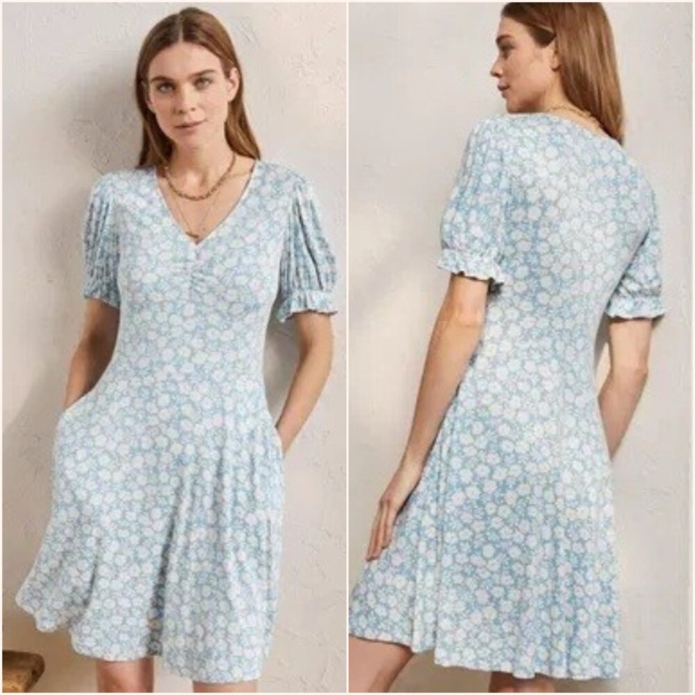 Boden V-neck Jersey Dress Blue White Floral Print Size 6